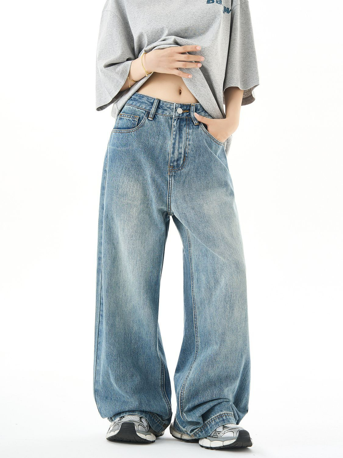 Washed Straight Jeans | Dames Denim Blauw