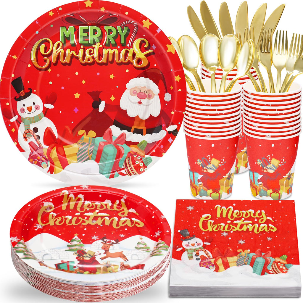 Kerst Wegwerpservies Set 175-delig | Borden & Servetten voor 25 Gasten