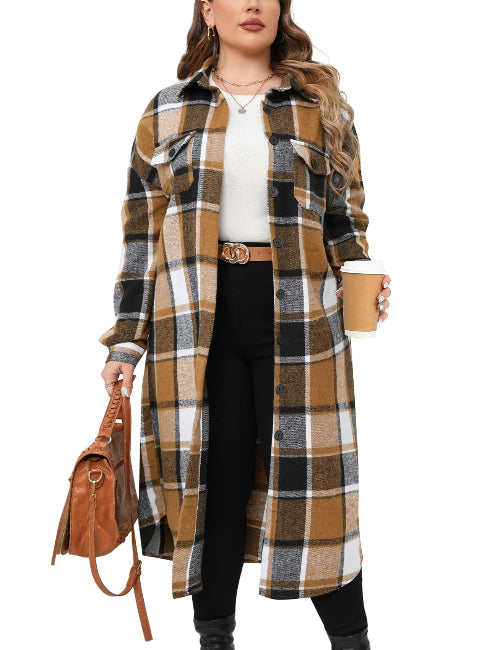 Dames Lange Geruite Shacket Bruin Plus Size